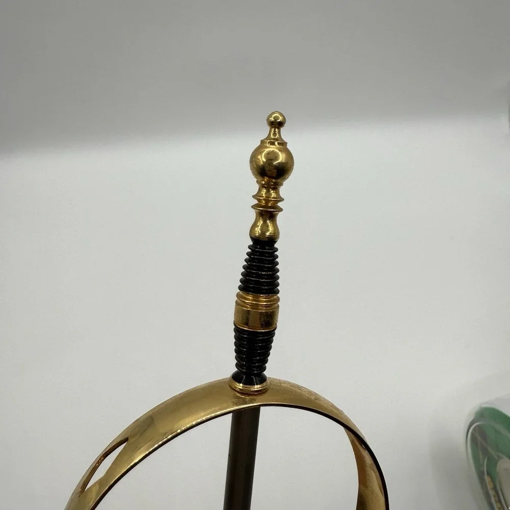 Vintage TOLEDO Spanish Damascene Brass Cocktail Mini Sword Picks Wood Stand ONLY
